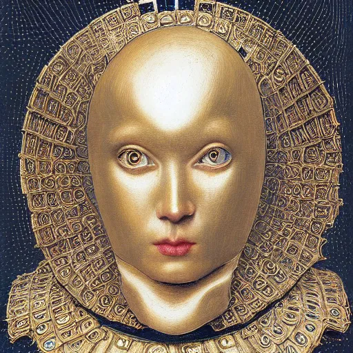 Image similar to a portrait of a shiny metallic renaissance steampunk robot, in the style of Jan van Eyck,