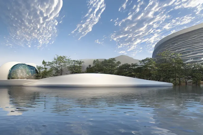 Image similar to a building formed by the combination of many white spherical and egg shaped circular spaces. on the calm lake, people's perspective modern curved architecture, future, wood, marble, metal award winning, highly detailed 4 k art, dusk, unreal engine highly rendered, global illumination, radial light, internal environment by kazuyo sejima