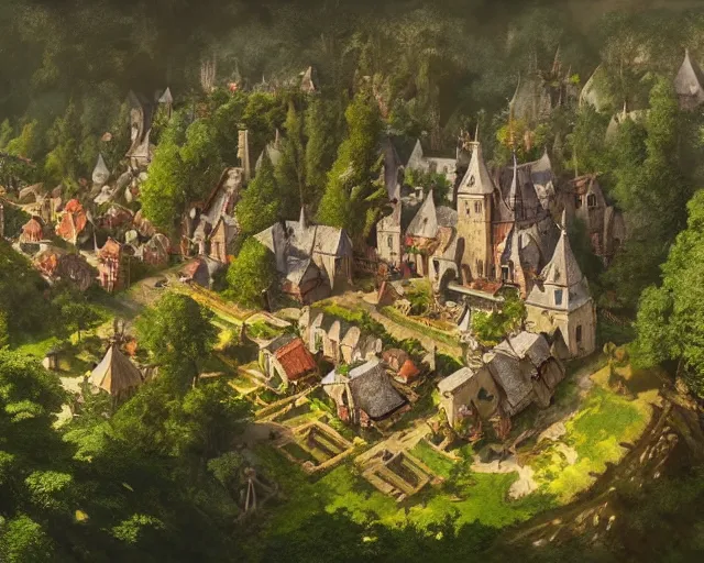 Prompt: small medieval village next to a forest, aerial view, deep focus, d & d, fantasy, intricate, elegant, highly detailed, digital painting, artstation, concept art, matte, sharp focus, illustration, hearthstone, art by artgerm and greg rutkowski and laura sava and alphonse mucha