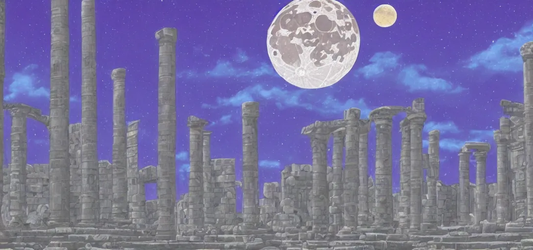 Image similar to The ruins of the Silver Millennium on the moon from Sailor Moon, digital painting, Earth in the distance, Greek-esque columns and ruins