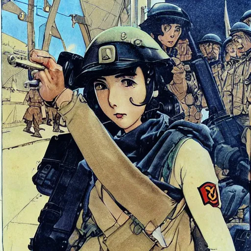 Prompt: manga style, smooth coloring, side portrait of a girl, trench and sandbags in background, realistic soldier clothing, realistic anatomy, norman rockwell, tom lovell, alex malveda, jack kirby, greg staples