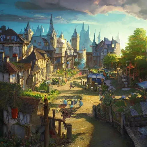 Prompt: an illustration of medieval fantasy town with many cute flower pots and beautiful blue sky scenery, cinematic view, epic sky, detailed, concept art, low angle, high detail, warm lighting, volumetric, godrays, vivid, beautiful, trending on artstation, by jordan grimmer, huge scene, grass, art greg rutkowski