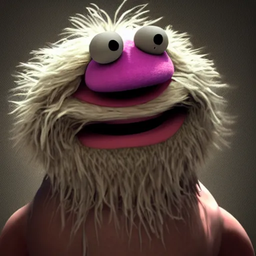 Image similar to a still of a forgotten muppet character looking very manly and modern, hilarious, laughing, hairy chest, huge chin, manly monster tough guy, roughled fur, photo real, photographic, photograph, artstation, trending, featured