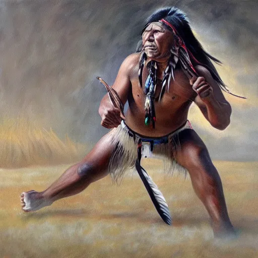 Prompt: Ultra realistic painting of a native american fighting a predator