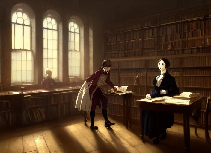 Prompt: victorian britain 1 8 3 0, william nightingale tutoring adolecent florence nightingale in science inside an english victorian manor library, light from a window on the right, finely detailed perfect art, gapmoe yandere grimdark, trending on pixiv fanbox, painted by greg rutkowski makoto shinkai takashi takeuchi studio ghibli