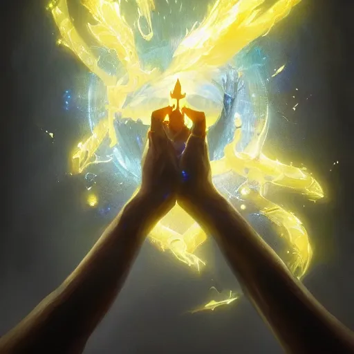 Prompt: hand glowing in white yellow light spell scroll art by artgerm and greg rutkowski and Craig Mullins, James Jean, Andrey Ryabovichev, Mark Simonetti and Peter Morbacher 16k