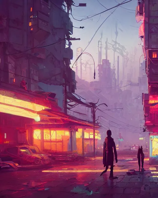 Image similar to painting of old ruined cyberpunk kiev, ukraine, detailed, by simon stalenhag, cory loftis, james gilleard, atey ghailan, makoto shinkai, goro fujita, studio ghibli, rim light, exquisite lighting, clear focus, very coherent, plain background, soft painting