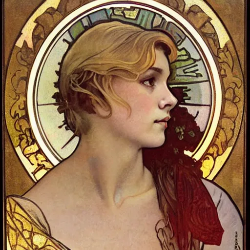 Image similar to blonde danish sports woman portrait by louis - theophile hingre and alphonse mucha, realistic, sharp focus, art nouveau, smart, wisdom, power, football, strong