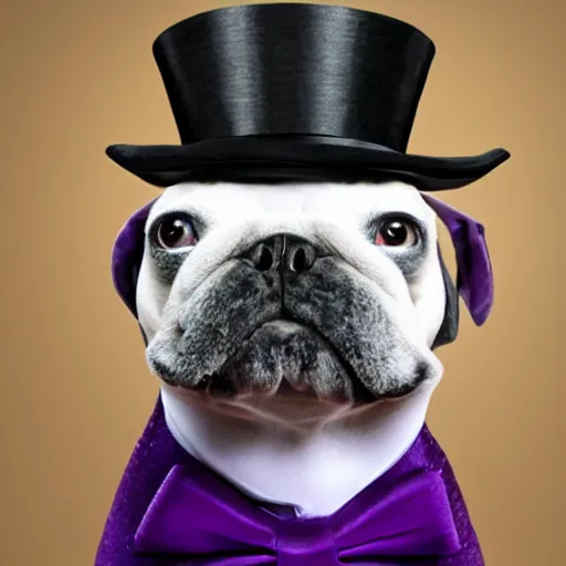 Image similar to a purple dog wearing a white top hat