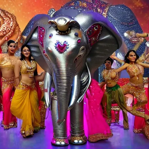 Image similar to bollywood movie, an elephant wearing a silver latex suit and an iridescent metal helmet surrounded by women dancing in colorful flowing intricate dresses on a tropical alien planet