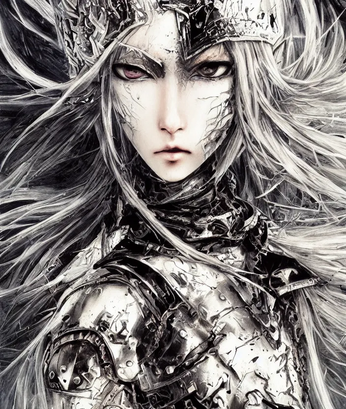 Image similar to Yoshitaka Amano realistic illustration of an anime girl with wavy white hair and cracks on her face wearing dark souls armour with the cape fluttering in the wind, abstract black and white patterns on the background, noisy film grain effect, highly detailed, Renaissance oil painting, weird portrait angle