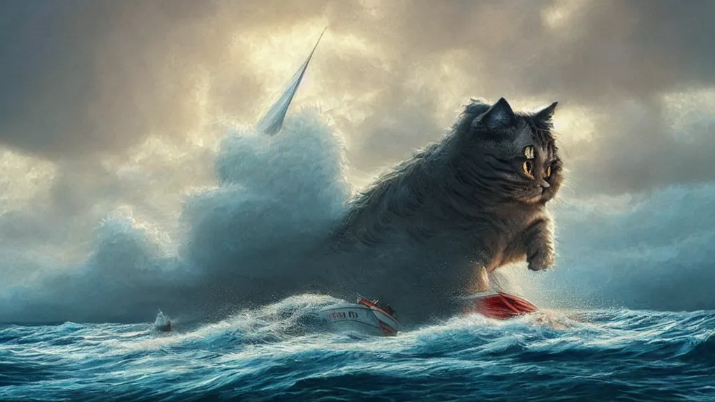 Image similar to a gigantic cat bursting out of a stormy sea attacking a small sail boat, wet fur, giant waves, sunbeams in background, intricate, detailed, volumetric lighting, sharp focus, scenery, photorealism, digital painting, highly detailed, concept art, by roger dean and simon stalenhag and mark brooks