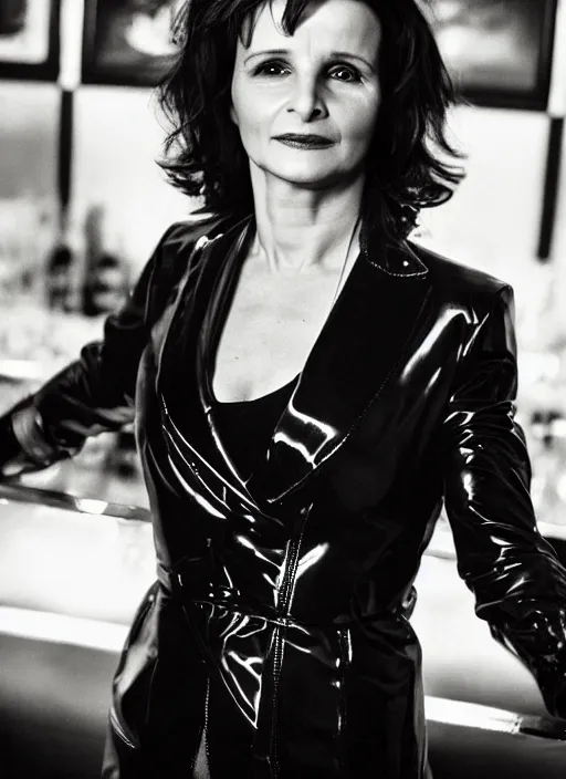 Prompt: head to shoulder portrait Juliette Binoche wearing black latex coat in a bar. In the syle of a film noir movie.