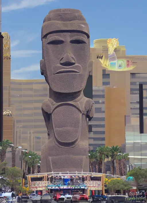 Image similar to legions of moai levitating over las vegas casinos in the style of alex grey