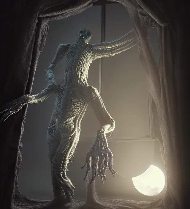 Prompt: a nightmare humanoid monster alien standing in front of a window, intricate spacesuit, moon light through the window, volumetric lighting, hyperealistic, 4 k, inspired by stephen king, inspired by lovecraft, inspired by jeffrey smith