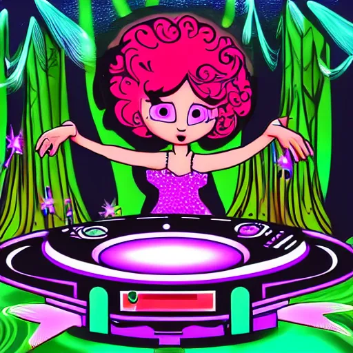 Prompt: a fairy dj playing turntables in a rave party at a magical forest, pop digital art style