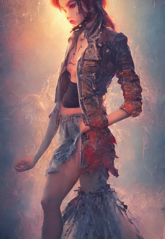 Prompt: full body illustration of a girl with eyes that burn like cigarettes wearing a mini skirt and a long jacket with fingernails that shine like justice, dramatic lighting, photorealistic, full body portrait, detailed anatomy, extreme detail, 4 k, colorful, confident, artgerm and ben lo and mucha, octane render, detailed face, f / 2. 8