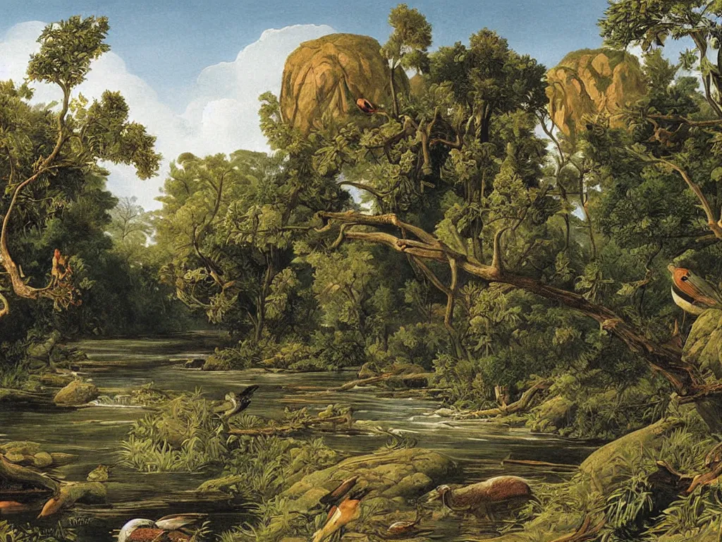 Prompt: Fauna on Earth 50 million years ago. A river, meadow. Painting by Audubon