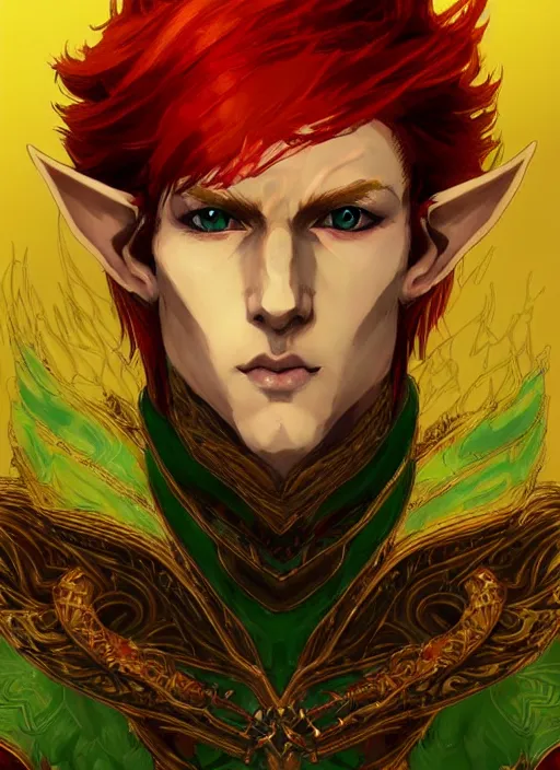 Prompt: Half body portrait of a handsome young red haired elven monk prince with dragon eyes, red, green and gold ornate robe. In style of Yoji Shinkawa and Hyung-tae Kim, trending on ArtStation, dark fantasy, great composition, concept art, highly detailed.