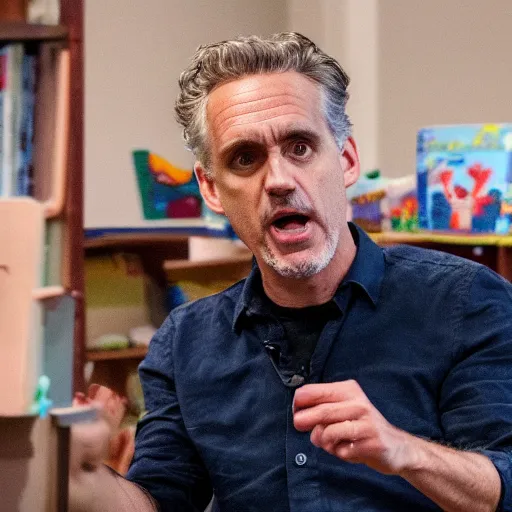 Image similar to jordan peterson incites a riot in a daycare when he debates nap time with toddlers