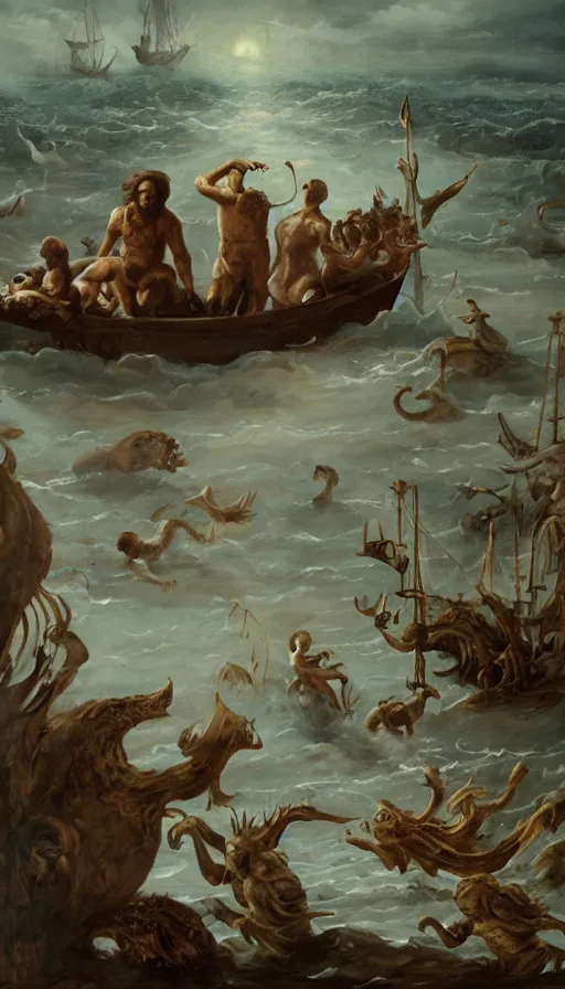 Prompt: man on boat crossing a body of water in hell with creatures in the water, sea of souls, by fortiche studio