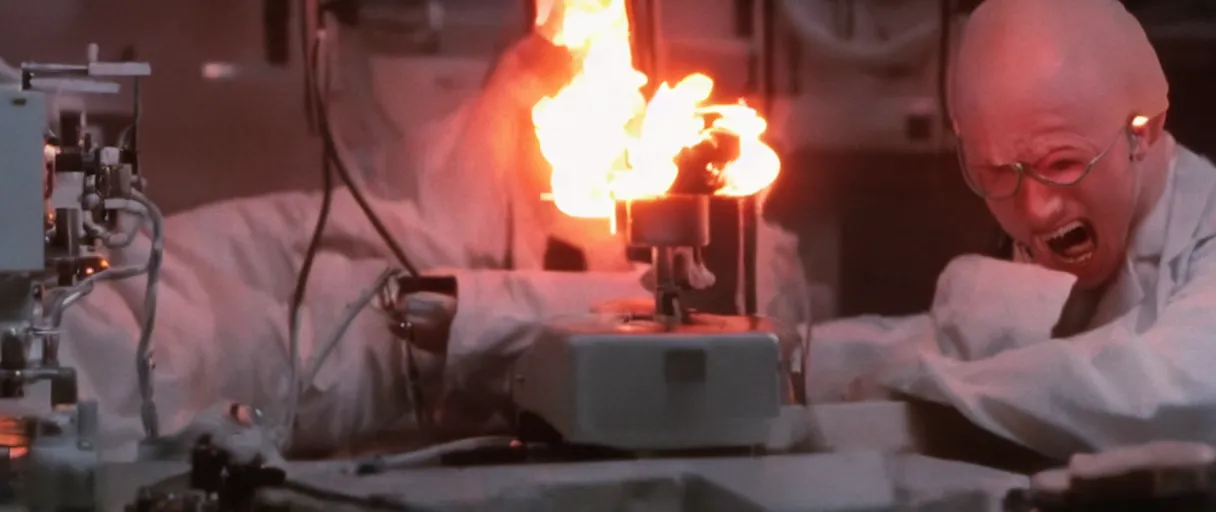 Image similar to filmic extreme closeup dutch angle movie still 4k UHD 35mm film color photograph of a doctors being burned alive, screaming in agony, inside of a science lab , in the style of a 1980s horror film