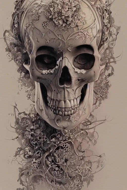 Image similar to beautiful skull cyborg portrait of a femme fatale girl with detailed patterns of thai traditional dress, highly detailed concept art by alan lee