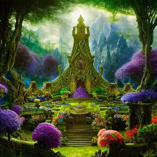 Prompt: a beautiful and highly detailed matte painting of a lost celtic elven temple in a magical fantasy garden, colorful flowers, psychedelic patterns, epic scale, insanely complex, hyperdetailed, sharp focus, hyperrealism, artstation, cgsociety, 8 k, bright colors, by caspar friedrich, albert bierstadt, james gurney, brian froud,