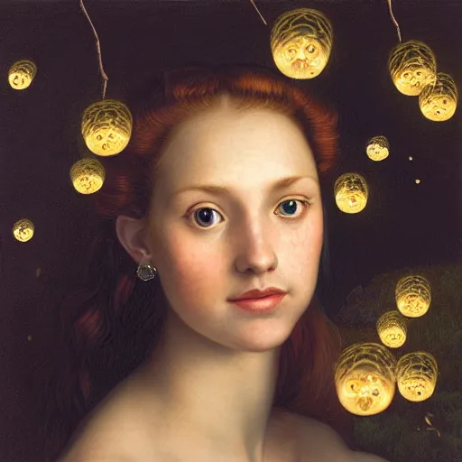 Prompt: portrait of happy a young woman, among the lights of golden fireflies and nature, long loose red hair, intricate details, birght green eyes, freckles on the nose, round gentle face, romantic dress, deep focus, smooth, sharp, golden ratio, hyper realistic digital art by artemisia lomi gentileschi and caravaggio and artgerm