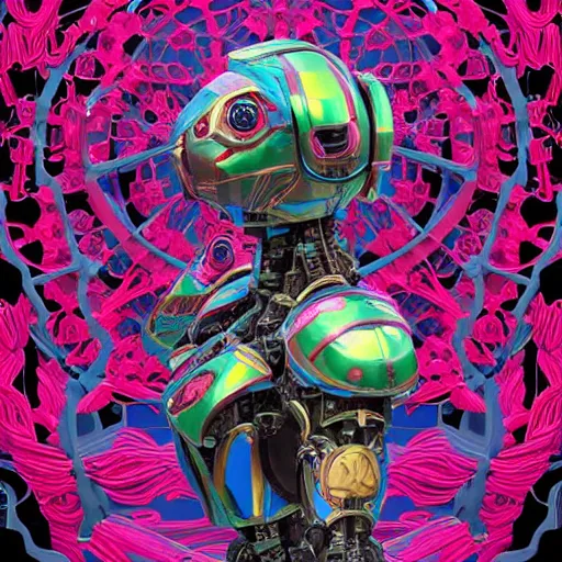 Image similar to colourful vfx art - portrait of army mecha robot wrapped in flowers & vines, art by utagawa kunisada & james jean, volumetric light, ray tracing, sharp, detailed, digital painting, illustration, highly detailed, intricate detail, unreal engine, octane render, global light, pinterest, behance, art station,