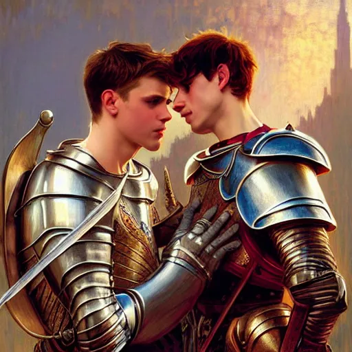 Image similar to attractive arthur pendragon and his favourite attractive male knight, they are in love, camelot, natural lighting, path traced, highly detailed, high quality, digital painting, by gaston bussiere and ross tran and j. c. leyendecker and alphonse mucha