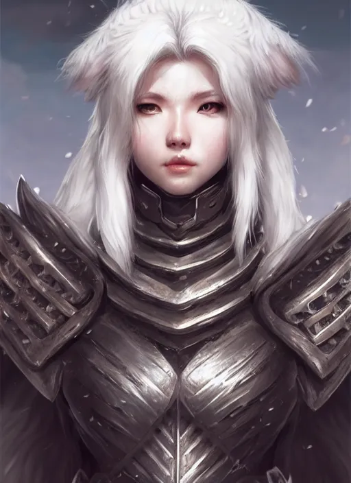 Image similar to warrior, fur - lined wolf armor!!! beautiful and elegant white hair female!! gorgeous ayes!! character concept art, sharp focus, octane render! unreal engine 5! highly rendered!! trending on artstation!! detailed linework!! illustration by artgerm, wlop, and chie yoshii