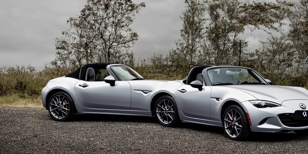 Prompt: a wide angle photograph of a grey rabbit posing with their red mazda mx-5