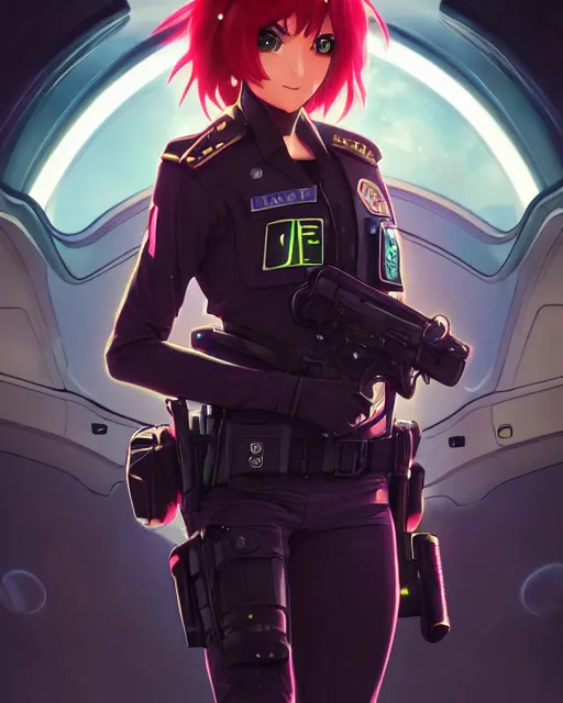 Prompt: anime key visual of elizabeth olzen as a police officer, neon, cyberpunk, futuristic, stunning, highly detailed, digital painting, artstation, smooth, soft focus, illustration, art by artgerm and greg rutkowski and alphonse mucha