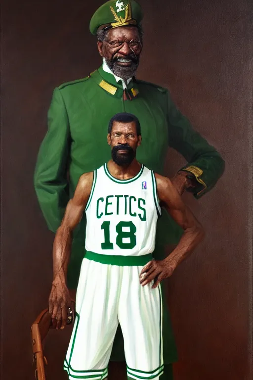 Image similar to full body portrait of the dictator of the boston celtics, bill russell, 1 8 8 9, in full military garb, oil on canvas by william sidney mount, trending on artstation