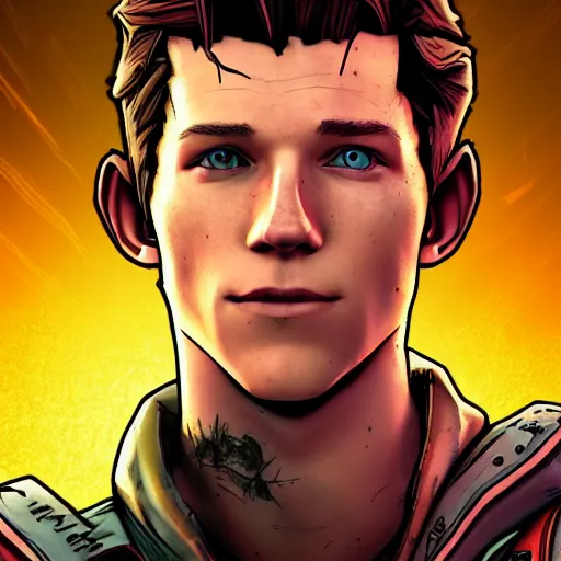 Image similar to tom holland portrait, borderlands, tales from the borderlands, the wolf among us, comic, cinematic lighting, studio quality, 8 k