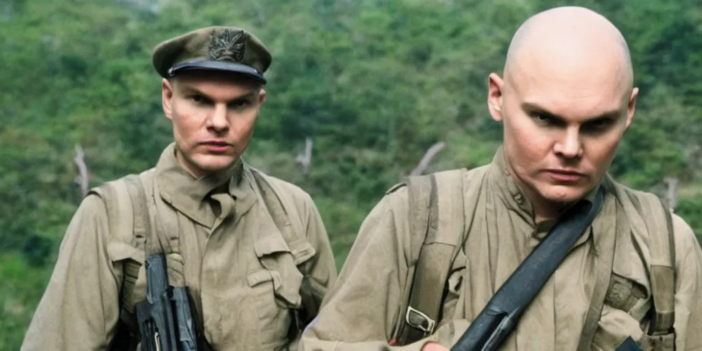 Prompt: a film still of Billy Corgan in the thin red line, high detail,