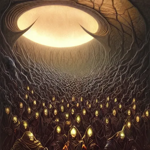 Prompt: a dark cabal of hooded elven mystics in long dark robes gathered in a circular formation around a highly advanced machine containing spirits of the dead, dan seagrave art, michael whelan