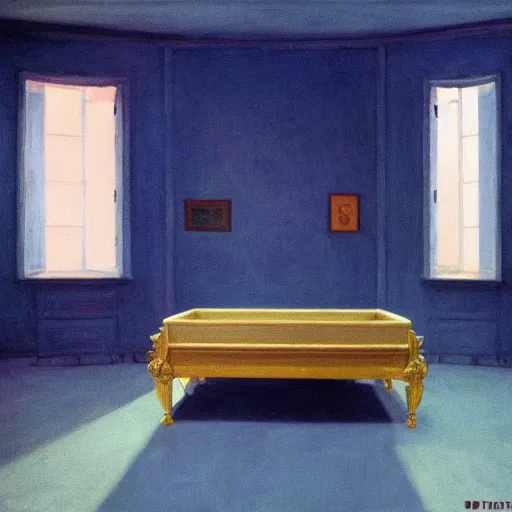 Image similar to an ivory and golden demon in a blue haunted liminal abandoned room, film still by edward hopper, by gottfried helnwein, by klimt, art noveau, highly detailed, strong lights, liminal, eerie, bright pastel colors,