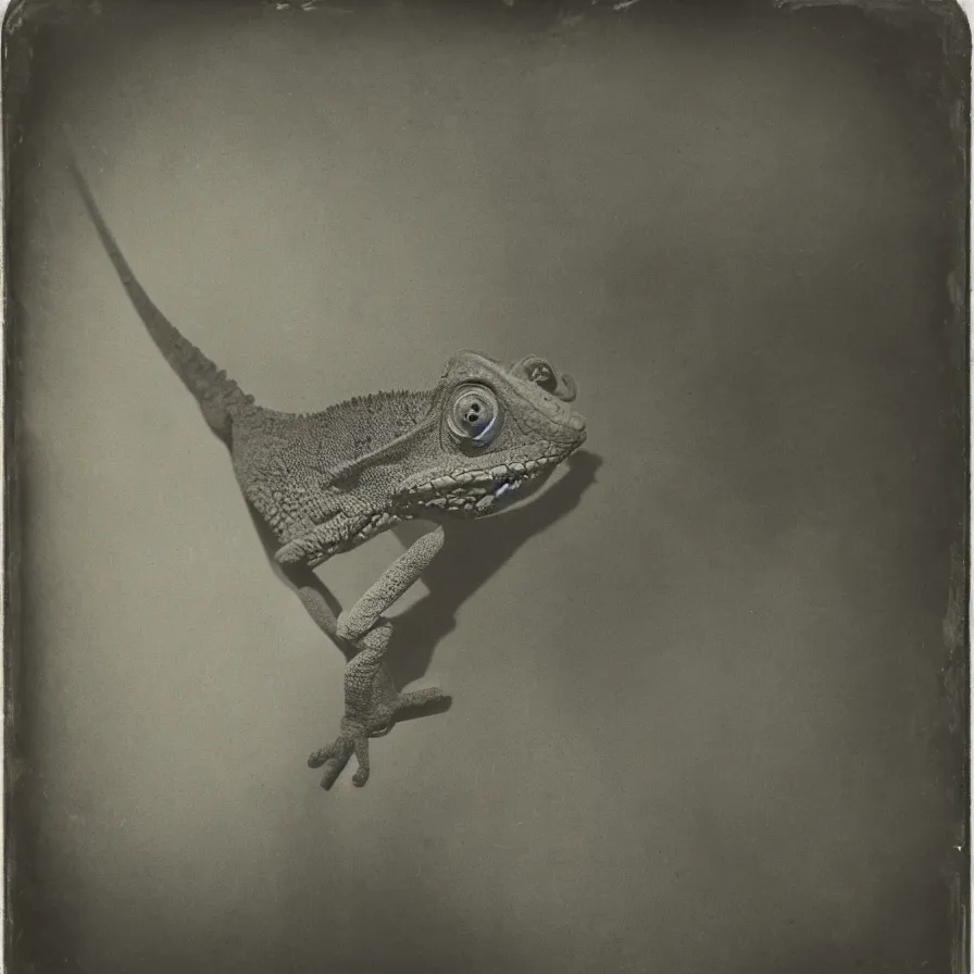 Prompt: wet plate photograph of a chameleon, daugerrotype, collodion photography