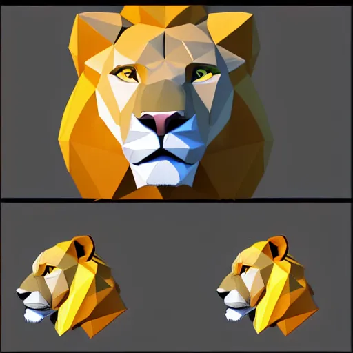 Prompt: a 3 by 3 array of a low poly lion, detailed face, detailed tail, character design