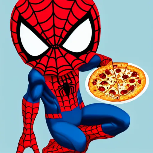 Image similar to digital illustration of cute chibi unmasked spiderman eating pizza, trending in artstation, highly detailed, award-winning, official marvel comics, cute, happy