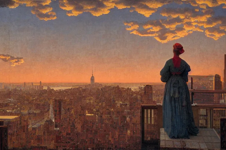 Image similar to painting of a lady, in a rooftop, watching new york, beautiful, sunset, romantic, by ludwig deutsch and maxfield parrish, patterned tilework, extremely detailed, cinematic lighting, smooth sharp focus