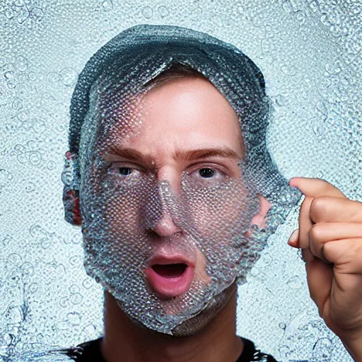 Image similar to portrait of a man who's face is made of bubble wrap plastic, he looks terrified, realistic photoshop