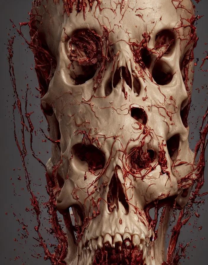 Image similar to portrait of a melting wax skull. intricate abstract. sharp teeth. delicate artwork. infected by zombie fungus. by Tooth Wu, wlop, beeple, dan mumford. octane render, trending on artstation, greg rutkowski very coherent symmetrical artwork. cinematic, hyper realism, high detail, octane render, 8k, depth of field, bokeh. chrome accents.