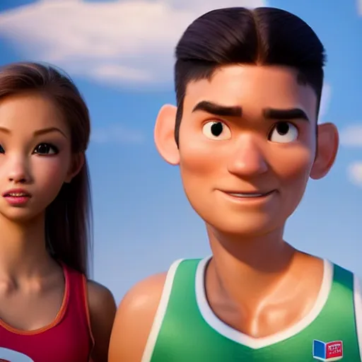 Image similar to young beautiful athletic Filipino woman with long hair standing beside a handsome caucasian athletic thin man with short buzzed hair, high widows peak, stubble on his face, blue eyes, depicted as Pixar characters, high quality cg render