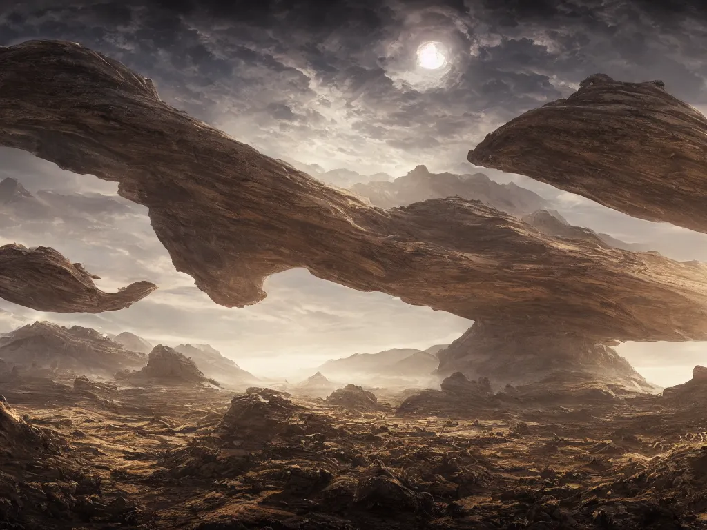 Image similar to Panorama view of an extraterrestrial landscape by Kilian Schönberger, highly detailed, sharp focus, illustration, cinematic lighting, Unreal Engine 5