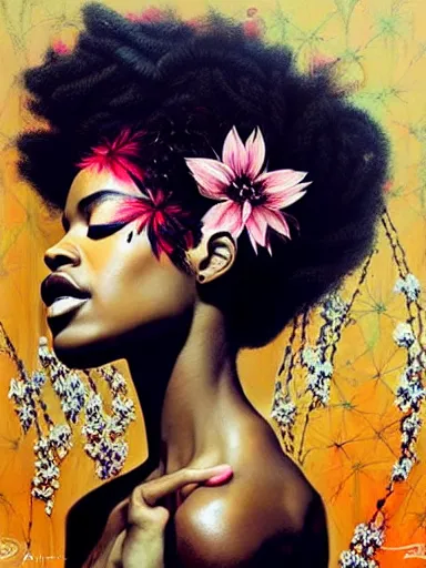 Prompt: portrait of a beautiful black woman with a floral background : : painted by artgerm, karol bak, artur bordalo, sandra chevrier : : portrait, character, illustration, hyperrealism, photorealism