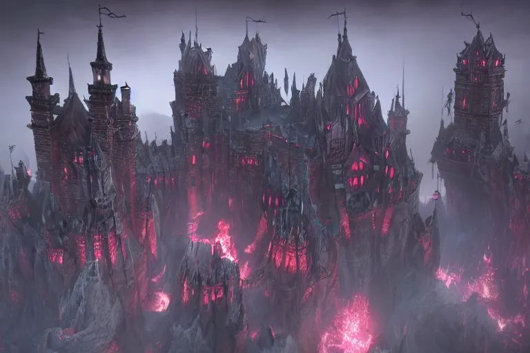 Image similar to big evil castle - city rock dark shadow elves, might and magic heroes vii, dark fantasy, shadows, artstation trending, unreal engine 5, red