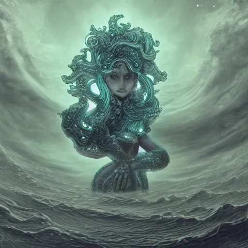 Prompt: Astral medusa standing on a ghostly ship in a starry realm, detailed semi-transparent ship, trending on artstation